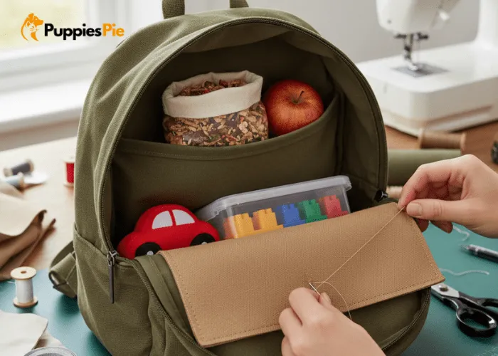 Person sewing a fabric divider inside a backpack to create organized compartments for a DIY dog travel bag.