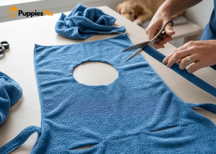 No-Sew DIY: Turn Old Towels into a Perfect Dog Bath Robe 4 Cut the towel into the robe shape, make two long tie straps from leftover fabric, and cut small side slits for the straps to secure around the dog’s belly.