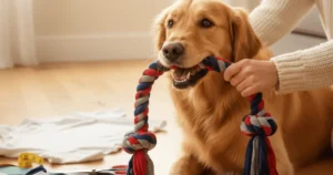 Puppies Pie 18 A golden retriever happily plays tug-of-war with a braided, multi-colored rope toy, which is being held by a person. The toy is clearly homemade from repurposed fabric. Scissors and other crafting materials are visible on the light wooden floor in the foreground.