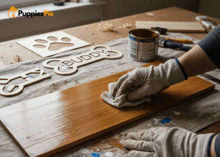 Person painting and decorating a wooden dog leash holder with stain and stenciled paw prints for a personalized finish.