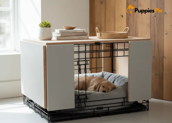 DIY Dog Crate Makeover on a Budget 19 Decorative items like a small pet-safe plant, books, and a tray placed on top of a sturdy dog crate to help it blend with home decor.