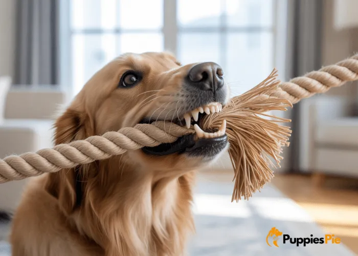 Dog chewing on a rope toy that helps clean its teeth naturally by removing plaque and tartar buildup, promoting better dental hygiene.