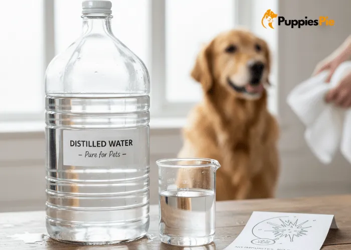 Glass jar of distilled water used in homemade dog shampoo, ensuring purity and preventing mineral residue on a dog’s coat.