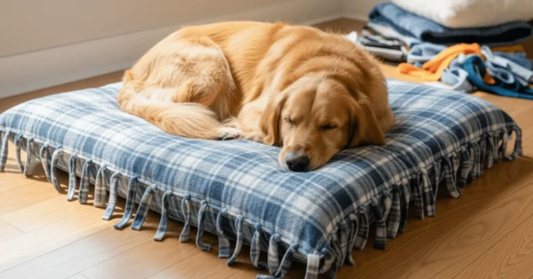 A cozy, no-sew dog bed made from a repurposed pillow, with a soft fleece cover, looking inviting and comfortable for a pet.