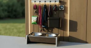 About Us 7 Homemade custom dog bowl stand with two stainless steel bowls, designed for comfortable feeding and a clean, modern look.