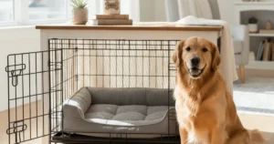 About Us 9 A modern, stylish dog crate that has been transformed into a chic piece of furniture with a soft bed inside, surrounded by tasteful home decor.