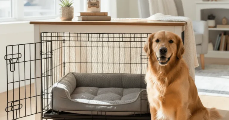A modern, stylish dog crate that has been transformed into a chic piece of furniture with a soft bed inside, surrounded by tasteful home decor.