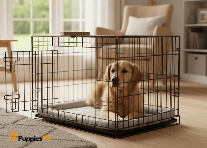 DIY Dog Crate Makeover on a Budget 4 A standard wire dog crate, empty and clean, ready for a DIY makeover, positioned in a well-lit room.