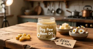 Puppies Pie 14 Homemade dog paw balm in small tins, made with safe, edible ingredients to protect and soothe a dog’s paws.