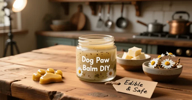 Homemade dog paw balm in small tins, made with safe, edible ingredients to protect and soothe a dog’s paws.