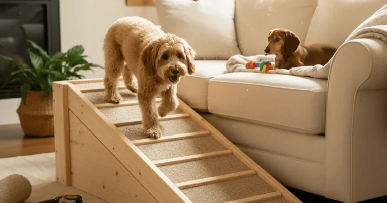 A small wooden dog ramp with a non-slip surface placed beside a sofa to help pets climb safely.