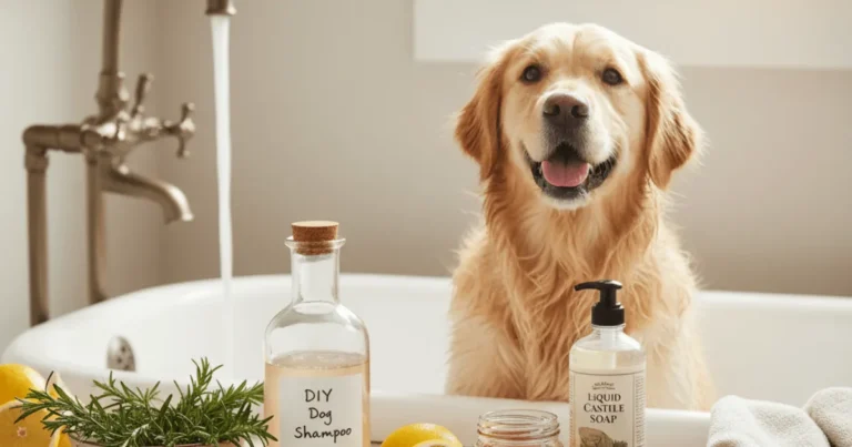 A collection of natural ingredients like essential oils, aloe vera, and oats arranged around a bottle of homemade dog shampoo, ready for use.