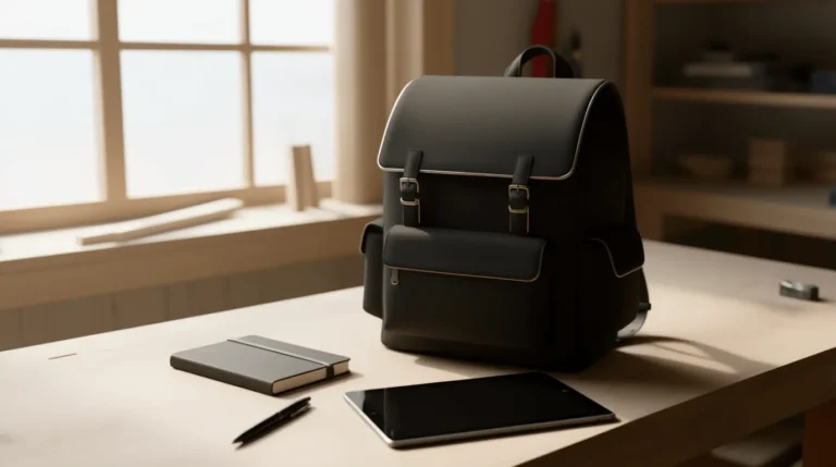 Repurposed old backpack transformed into a dog travel bag, neatly packed with pet essentials like bowls, treats, toys, and a leash.