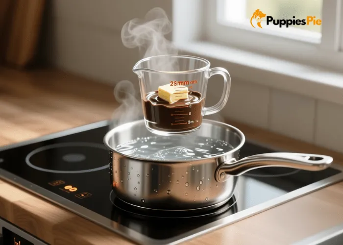 Dog Paw Balm DIY: A Safe & Edible Recipe 1 Double boiler setup on a stove with a small pot of water and a heat-resistant bowl inside, used for gently melting dog paw balm ingredients.