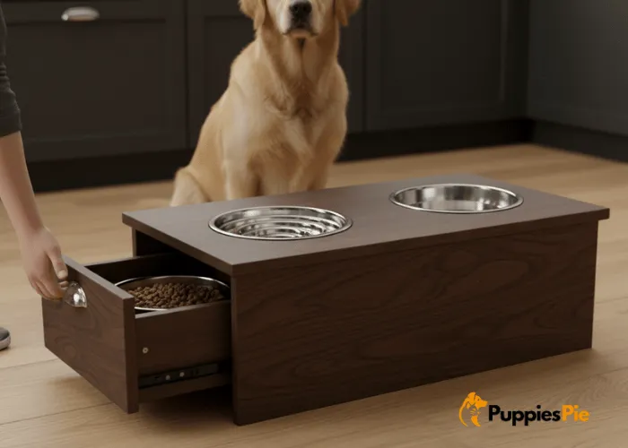 DIY pet feeding station featuring a pull-out drawer design that hides the bowls when not in use, keeping the area neat and organized.