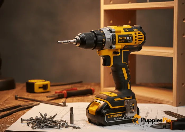 A power drill with a drill bit inserted, positioned over a piece of wood, ready to create pilot holes for screws, emphasizing its utility in assembly.