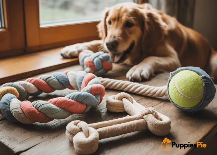 Homemade dog toy made from braided old T-shirts or towels, showcasing an eco-friendly and durable alternative to store-bought toys that helps reduce waste.