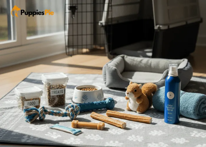 Ultimate Car Organizer for Dog Essentials 1 Dog travel essentials including toys, chew treats, a blanket, food portions, and calming spray organized for a car trip