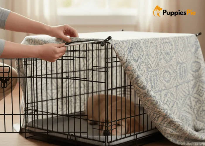 DIY Dog Crate Makeover on a Budget 14 Person measuring and draping fabric over a wooden dog crate, securing it with bungee cords while leaving the door area open.