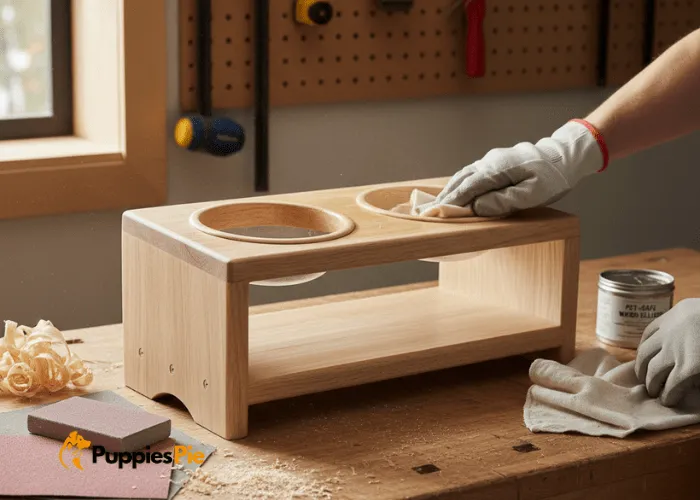 Custom Dog Bowl Stand DIY: A Step-by-Step Guide for You 5 Person sanding and applying a pet-safe finish to a wooden dog bowl stand, ensuring smooth edges and a protective, non-toxic coating.