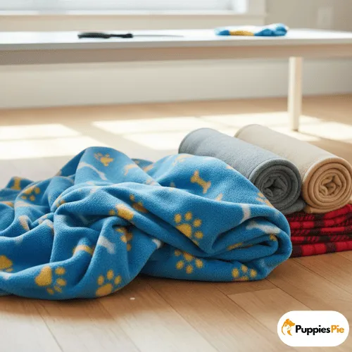 Make a DIY No-Sew Dog Bed from a Pillow 2 A pile of fleece fabric is shown on a light wooden floor. The top fabric is a crumpled blue fleece with yellow paw prints and white bone patterns. Beneath it are rolled bolts of solid gray and tan fleece, and a folded red and black plaid fleece.