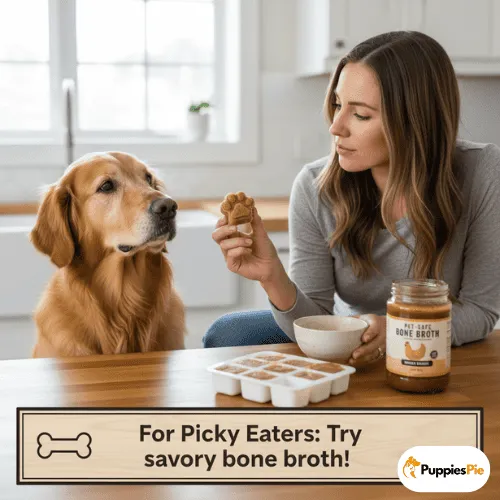 A Golden Retriever sits at a kitchen counter, looking intently at a woman's hand holding a frozen, paw-shaped savory treat. On the counter are a jar of "Pet-Safe Bone Broth," a small white bowl, and a white silicone mold filled with frozen treats. A banner at the bottom reads, "For Picky Eaters: Try savory bone broth!"