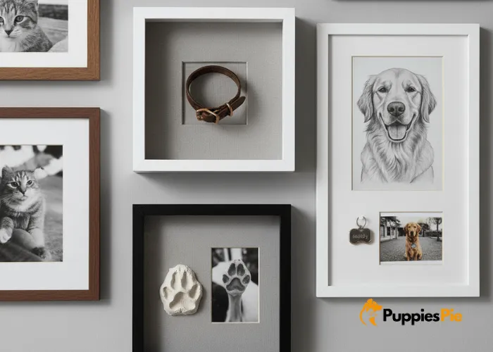 Sentimental pet wall ideas: framed collar or paw print casting, a pinned pet tag, and a custom hand-drawn portrait added among photos for a personal touch.