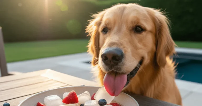 Small, colorful frozen fruit cubes, made for dogs, presented in a bowl with a few fresh berries scattered around, looking refreshing and appealing.