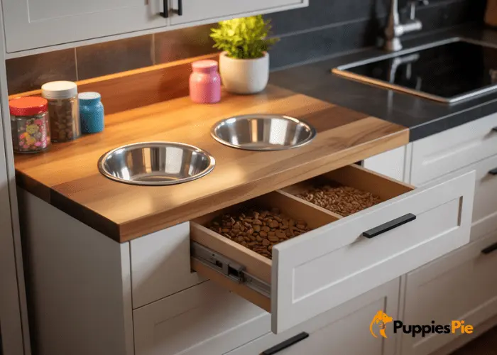 A stylish, custom-built dog feeding station, seamlessly integrated into home decor, featuring hidden food storage, neatly tucked-away bowls, and a decorative touch.