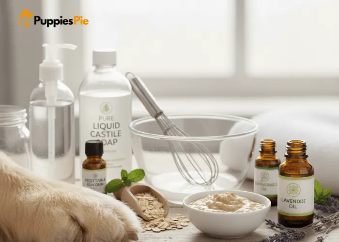 Collection of ingredients and tools for making dog shampoo, including a mixing bowl, whisk, and squeeze bottle or jar for storage.