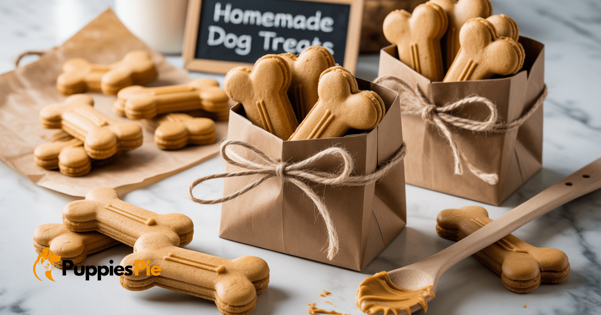 A small, transparent gift bag filled with homemade dog biscuits and tied with a rustic string or ribbon, ready to be presented as a thoughtful gift.