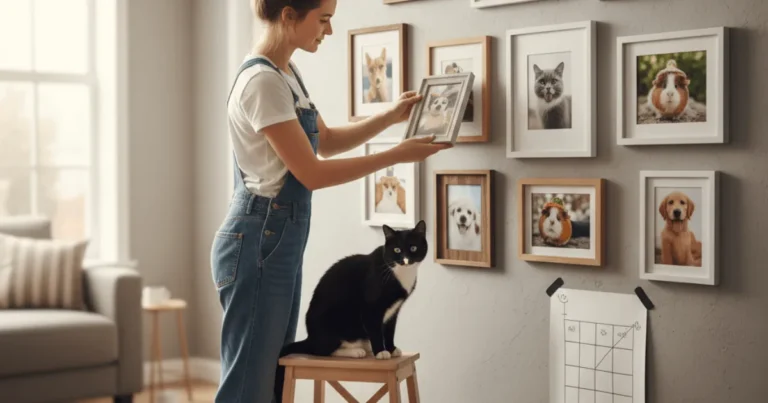 A cozy photo wall display featuring framed pictures of a beloved pet arranged creatively on a home wall.
