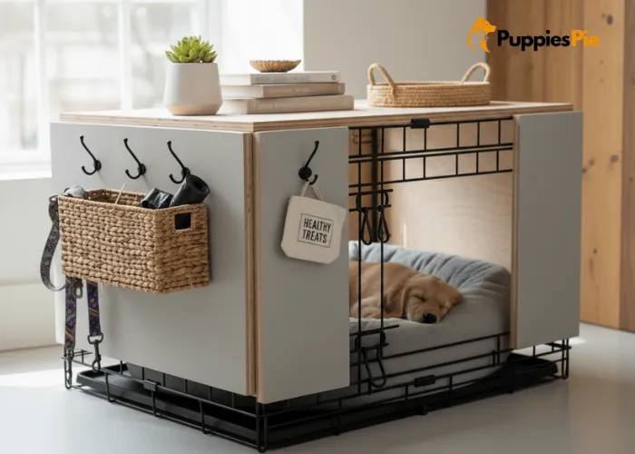 DIY Dog Crate Makeover on a Budget 20 A small storage basket and hooks attached to the side of a dog crate, holding leashes, treats, and poop bags for easy access.