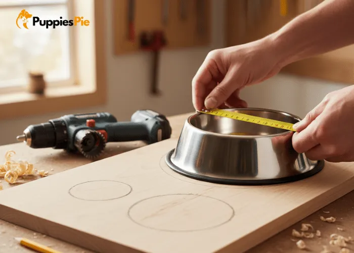 Pro tip showing how to measure pet bowls before cutting holes, ensuring a snug fit by starting small and sanding for a perfect size.