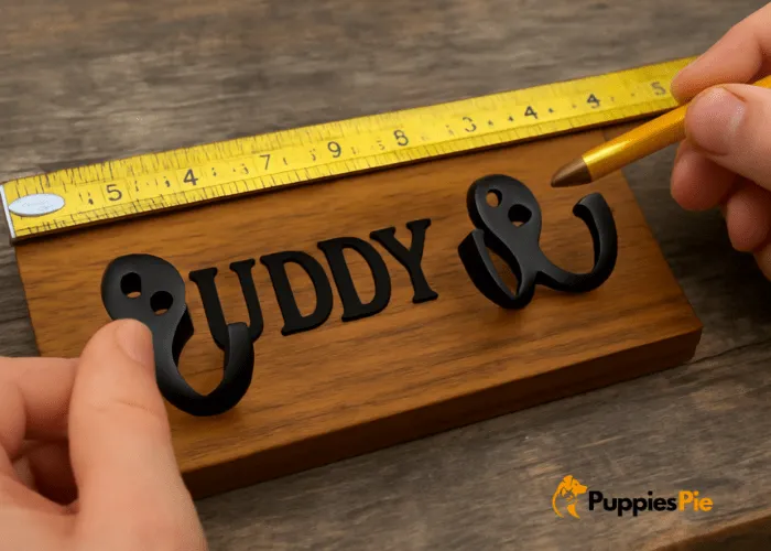 Person arranging and marking evenly spaced hook positions on a wooden board with a measuring tape and pencil for a DIY dog leash holder.