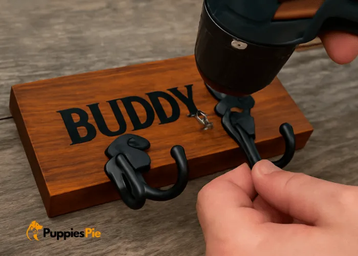 Person using a drill to attach metal hooks to a wooden board, creating a sturdy DIY dog leash holder.