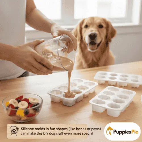 A Golden Retriever sits behind a counter, looking on with interest as a person pours a thick, light brown fruit puree from a glass pitcher into a white silicone paw-print mold. There are two other empty molds and a glass bowl of sliced fruit on the wooden counter. A text box in the bottom right corner reads: "Silicone molds in fun shapes (like bones or paws) can make this DIY dog craft even more special."