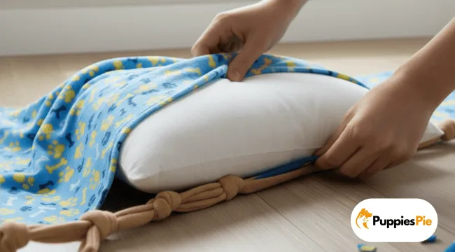 Make a DIY No-Sew Dog Bed from a Pillow 12
A person's hands are tucking a large white pillow inside a pouch created by two layers of fleece fabric—a top blue layer with yellow paw prints and bones, and a solid tan bottom layer—that have been tied together along the edges to form a no-sew dog bed cover.