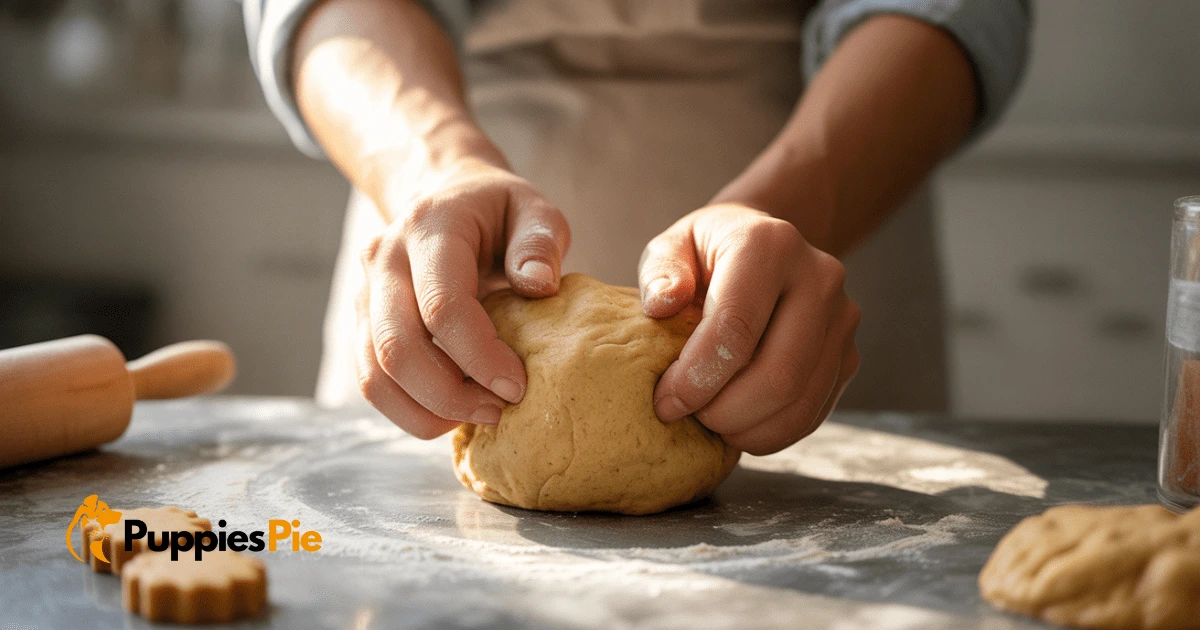 Hands kneading a shaggy dough into a smooth, firm ball on a lightly floured wooden surface, ready for rolling.