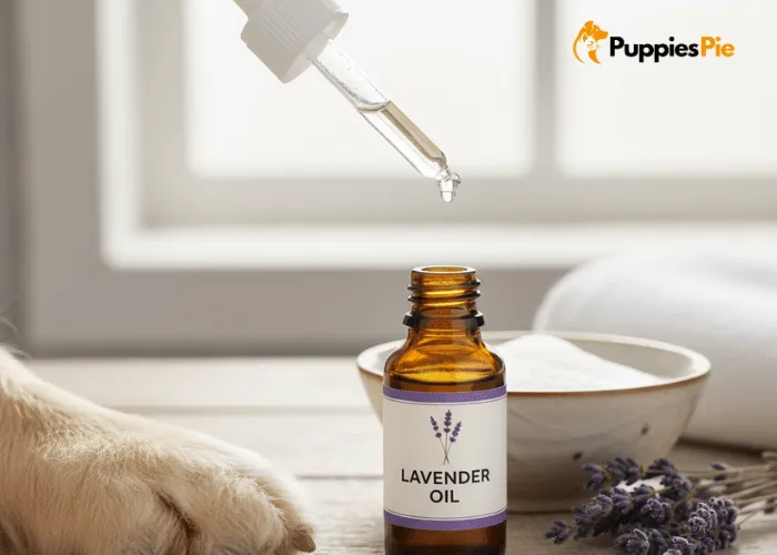 Small bottle of lavender essential oil used in dog shampoo for its gentle, calming scent and soothing properties.