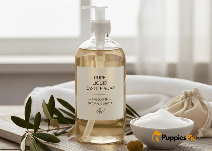 Bottle of unscented liquid Castile soap made from natural vegetable oils, used as a gentle and non-toxic base for homemade dog shampoo.