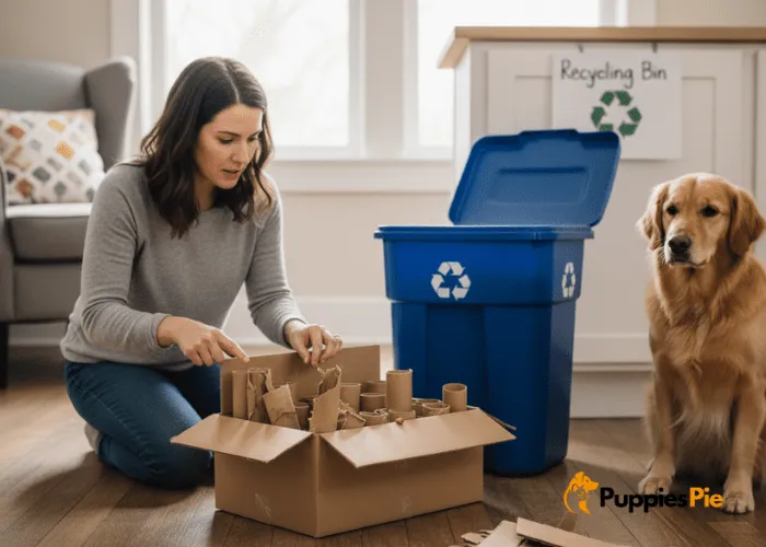Care tips for a cardboard dog puzzle feeder: inspect daily, discard if damaged or wet, store dry, and recycle when worn out.