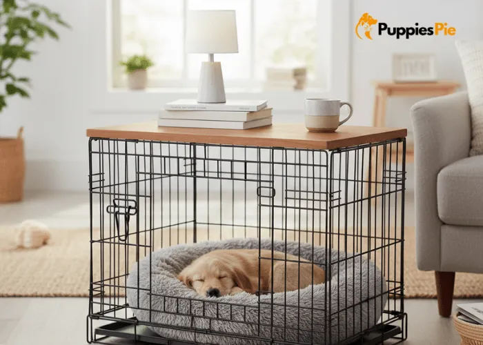 DIY Dog Crate Makeover on a Budget 21 A small dog crate with a wooden top being used as a functional side table, blending seamlessly into a living room or bedroom.