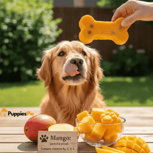 A Golden Retriever sitting outdoors, licking its nose and looking up at a person's hand holding a large, bone-shaped frozen treat made of mango. On the wooden deck in front of the dog are a whole mango, a glass bowl of cubed mango pieces, and a small sign that reads: "Mango: (peeled & pitted) Contains vitamins A, C, & E."