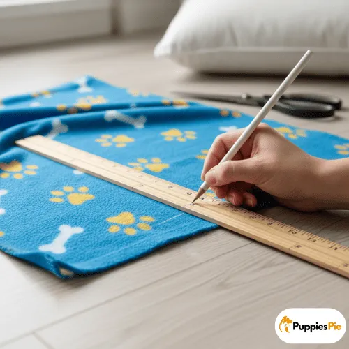 Make a DIY No-Sew Dog Bed from a Pillow 5 A close-up shot of a hand using a white pencil and a wooden ruler to mark a cutting line on a piece of bright blue fleece fabric decorated with yellow paw prints and white bone designs. Black-handled scissors and a white pillow are visible in the blurred background on a light wooden floor.
