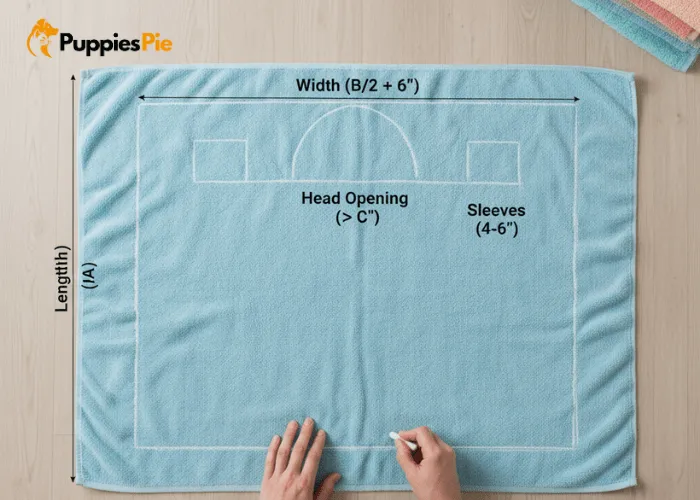 No-Sew DIY: Turn Old Towels into a Perfect Dog Bath Robe 3 Towel layout for a DIY dog bathrobe showing a main body rectangle, a centered neck opening, and optional small sleeve extensions.