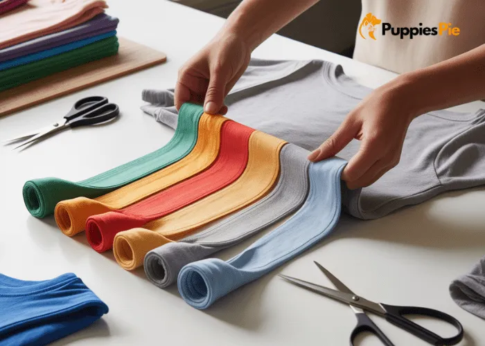 A hand demonstrating how to stretch a strip of old t-shirt fabric, showing the edges curling inward to form a soft, tube-like shape, with more fabric strips in the background.