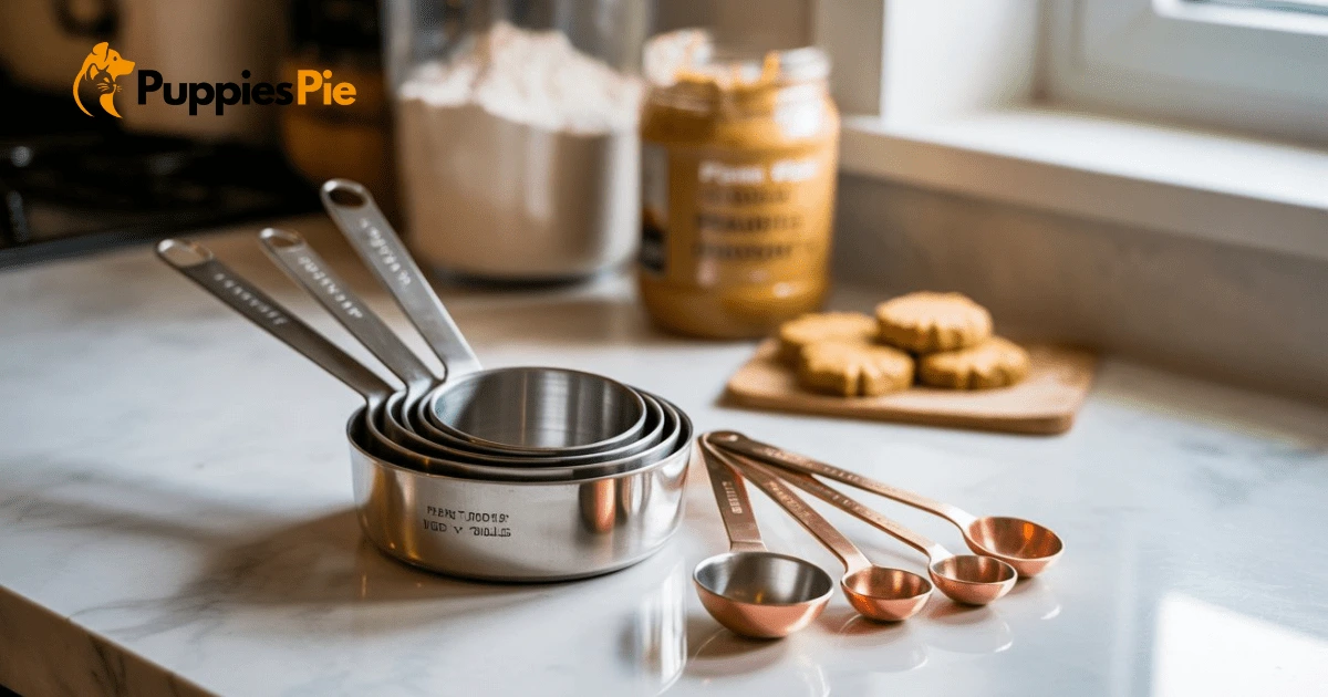 A set of shiny measuring cups and spoons, precisely arranged on a clean kitchen counter, ready for use.