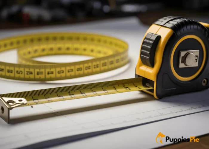 A measuring tape unrolled across a wooden surface, with various colorful fabric strips and craft supplies in the background, out of focus.