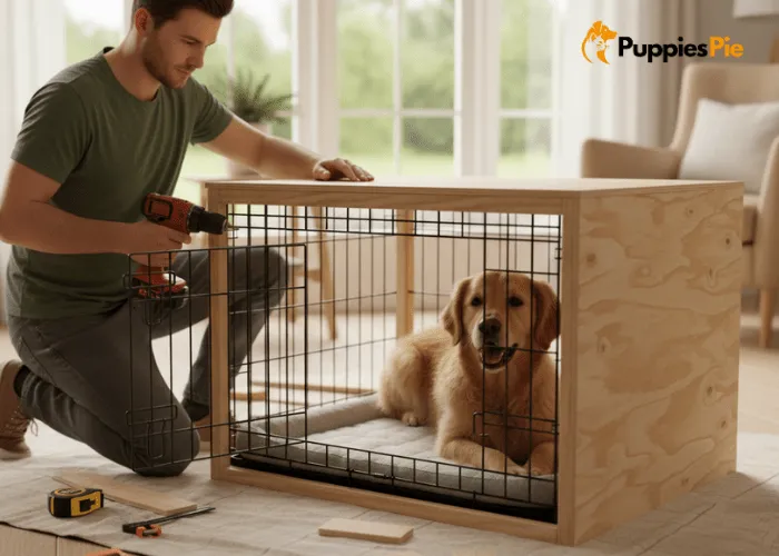 DIY Dog Crate Makeover on a Budget 11 A measuring tape extended across a wooden board to take precise measurements.